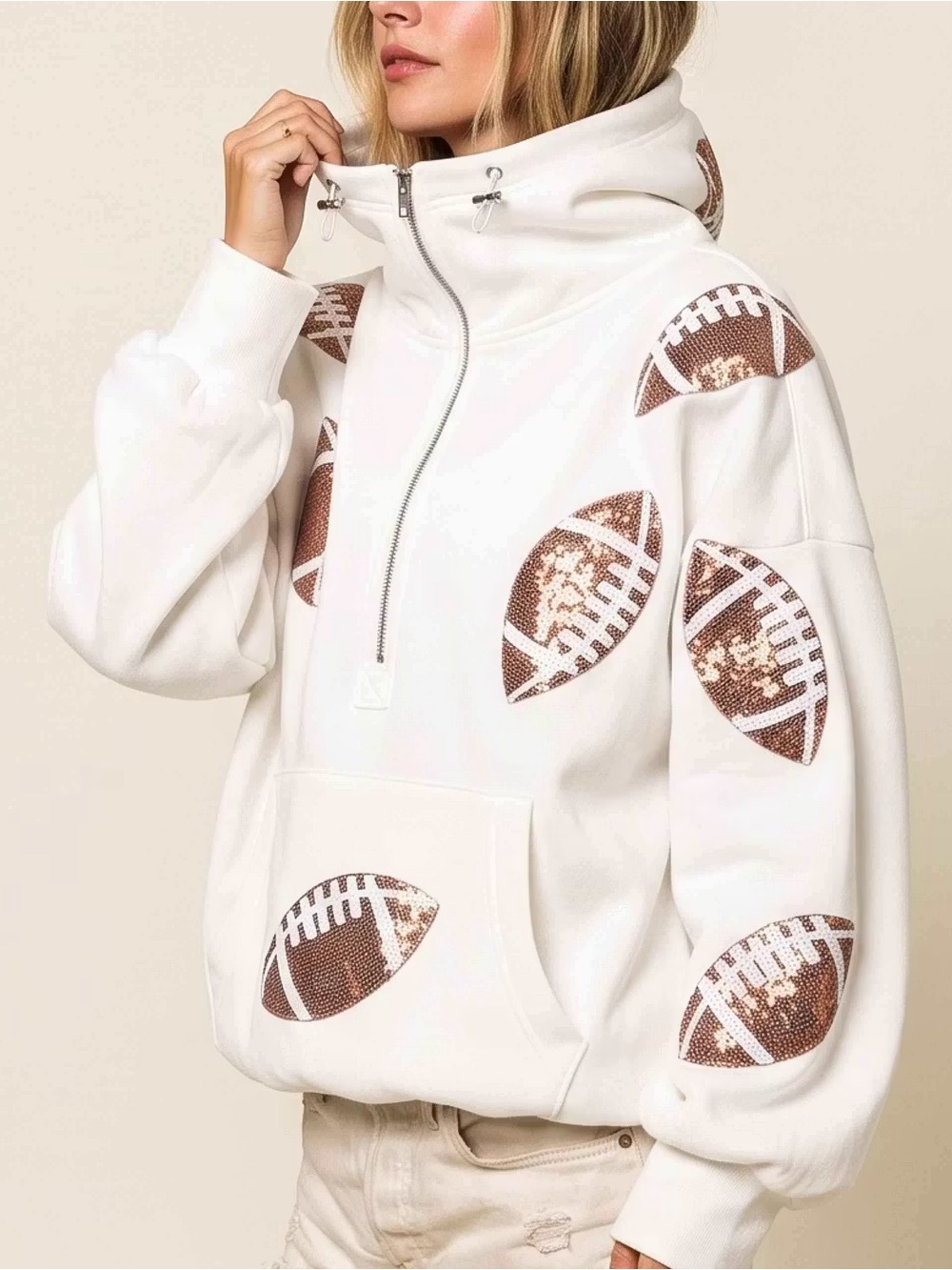 Boutique White Sequin Football Pullover Hoodie Sz M